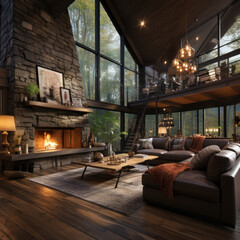  Cabin living room with a stone fireplace
