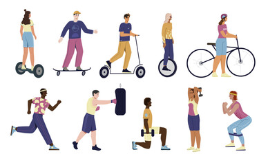 Plakat People and sports set. Characters doing exercises and squat in gym, boxing and running, riding electric scooter and bicycle, skateboard and hoverboard. Cartoon flat vector isolated on white background
