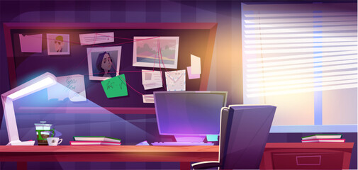 Banner with detective office. Police workplace with furniture and table, computer and armchair. Desk and pinboard with photos notes for investigations and searches. Cartoon flat vector illustration