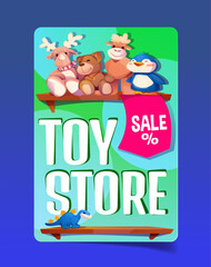 Flyer with toy store. Isometric banner with stuffed animals and wooden shelves. Posters with shopping announcement and plush dinosaur and penguin, sheep and deer. Cartoon flat vector illustration