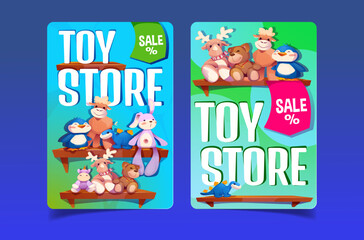 Flyer with toy store set. Colorful discount posters for shopping stuffed animals. Shelves with teddy bear and penguin, cute sheep and deer, dinosaur and bunny. Cartoon flat vector illustrations