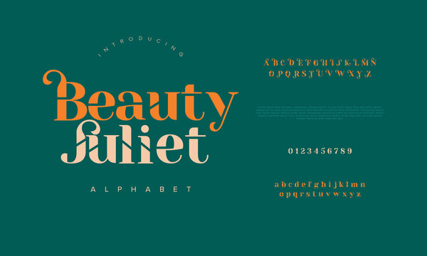 Naklejka Beauty juliet premium luxury elegant alphabet letters and numbers. Elegant wedding typography classic serif font decorative vintage retro. Creative vector illustration