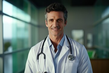 Portrait of friendly european doctor in workwear with stethoscope on neck posing in clinic interior, looking and smiling at camera