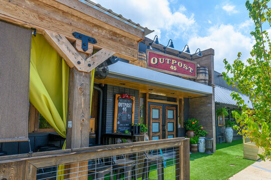Front of Outpost 45 Restaurant on Harrison Avenue in the Lakeview Neighborhood on  July 29, 2023 in New Orleans, Louisiana, USA