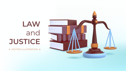 Web page of law and justice. Online page of site with balancing scales and legal textbooks 3d isometric realistic style. Prosecutor, lawyer and justice concept. Cartoon flat vector illustration - obrazy, fototapety, plakaty