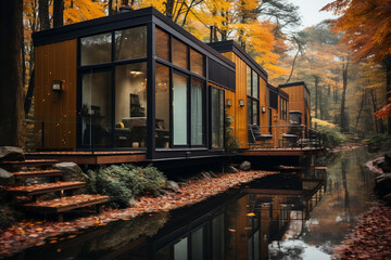 modern house in the woods in autumn, beautiful exterior big windows, modern backyard garden luxury cozy