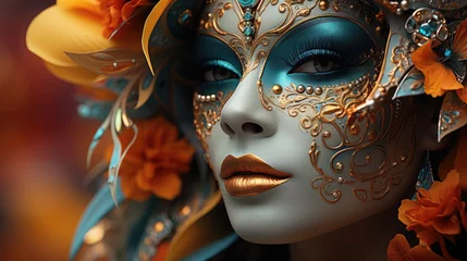 Selbstklebende Fototapeten Venetian carnival mask and beaded jewelry on a woman, close-up. Von Mardi Gras. Venice Carnival © AndErsoN