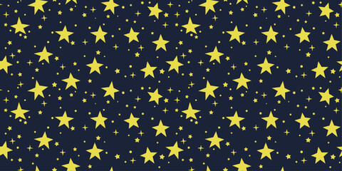 Yellow casual stars on a blue background. Seamless pattern with stars from the sky. Design for textile, fabric, clothing, ornament, background, wrapping.