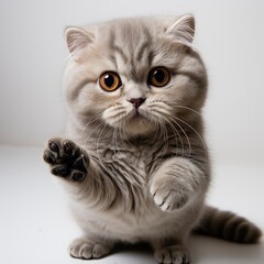 cute big-eyed cat with paws up, wanting to be petted. Generative AI