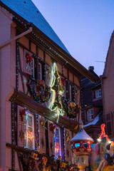 Christmas decorations in Colmar Christmas Market, Colmar, Alsace, France
