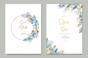 Fototapeta na wymiar wedding invitation card with blue leaves watercolor