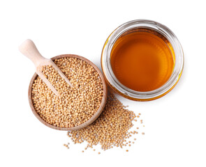 Natural oil and mustard seeds isolated on white, top view