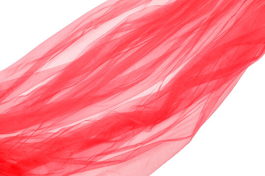 Beautiful red tulle fabric on white background, top view