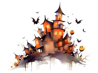 Fototapeta na wymiar Halloween creepy house modern illustration. Holiday card spooky watercolor drawing