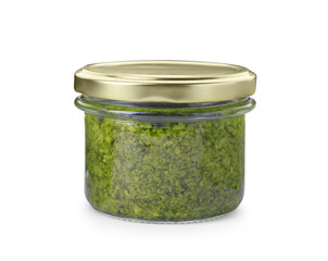 Jar with delicious pesto sauce isolated on white