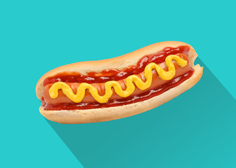 Yummy hot dog with ketchup and mustard on turquoise background