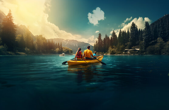 Happy Family Kayak Adventure at Sunset, Kayak Fun, Kayaking with Family, Family Adventure,  Tranquil Sunset Kayak Excursion with the Family