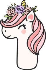 cute unicorn doodle number 1, one with flower crown kawaii cartoon illustration