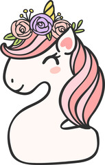 cute unicorn doodle number 2, two with flower crown kawaii cartoon illustration