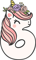 cute unicorn doodle number 6, six with flower crown kawaii cartoon illustration