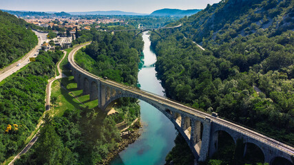 Obraz na płótnie Canvas Solcan Bridge over River Soca, Slovenia. Aerial view.