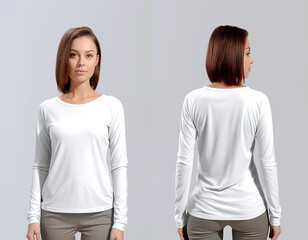 Woman wearing a white T-shirt with long sleeves. Front and back view