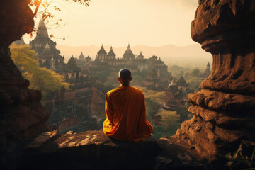 Fototapeta na wymiar Spiritual Journey. Contemplative Buddhist Monk in Myanmar Embracing Tranquility