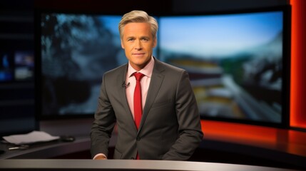 a photo of a tv news presenter on a popular channel. live stream broadcast on television. handsome mature white american british guy in a suit. weather forecast in a studio. Generative AI