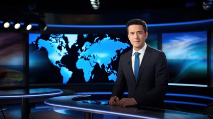 a photo of a tv news presenter on a popular channel. live stream broadcast on television. handsome white american british guy in a suit. weather forecast in studio. world map background. Generative AI - obrazy, fototapety, plakaty