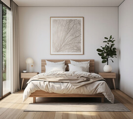 Mock-Up: Luxurious White Bedroom with Wooden Furniture and Soft Edges