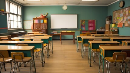 School classroom with chairsdesks and chalkboard