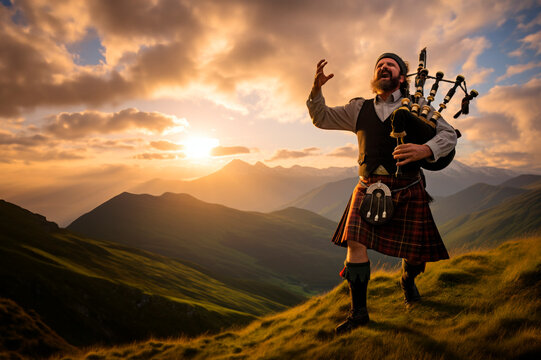 Melodies of the Highlands. Jubilant Scottish Bagpiper in Traditional Kilt Playing Bagpipes. AI Generative