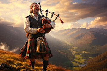 Melodies of the Highlands. Jubilant Scottish Bagpiper in Traditional Kilt Playing Bagpipes. AI Generative - obrazy, fototapety, plakaty