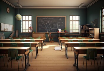 School classroom with chairsdesks and chalkboard