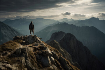 Naklejka na ściany i meble This image captures the essence of hiking and exploration, with a man taking in the breathtaking view from the top of a mountain with his backpack. Adventure awaits AI Generative.