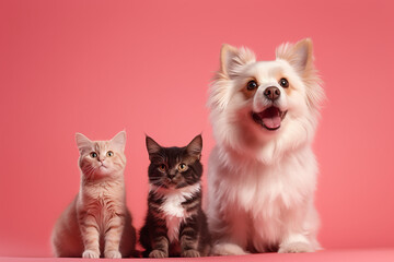 Fototapeta na wymiar Background pink with dog and cat looking happy. Generative AI