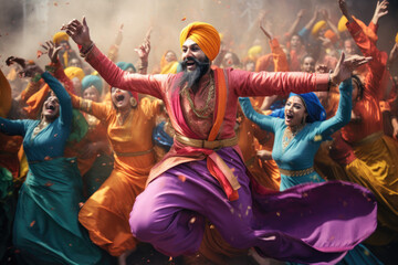 Energetic Bhangra Extravaganza. A Vibrant Group of Punjabi Bhangra Dancers Bring Colorful Cultural Traditions to Life. Dynamic Celebration  - obrazy, fototapety, plakaty