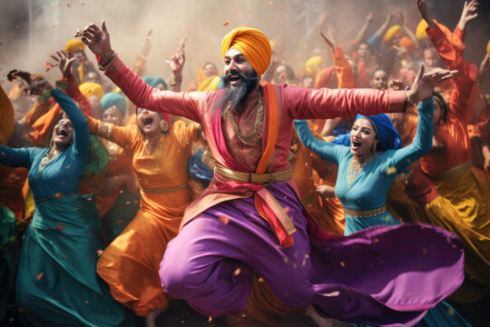 Energetic Bhangra Extravaganza. A Vibrant Group of Punjabi Bhangra Dancers Bring Colorful Cultural Traditions to Life. Dynamic Celebration 