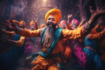 Energetic Bhangra Extravaganza. A Vibrant Group of Punjabi Bhangra Dancers Bring Colorful Cultural Traditions to Life. Dynamic Celebration 