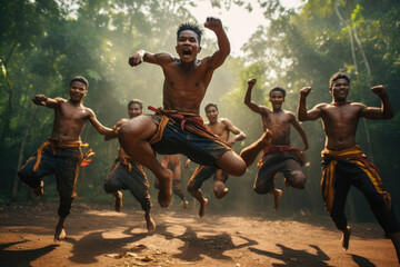 Muay Thai Mastery and High Spirits: A Joyful Group of Skillful Thai Fighters Showcasing Their...