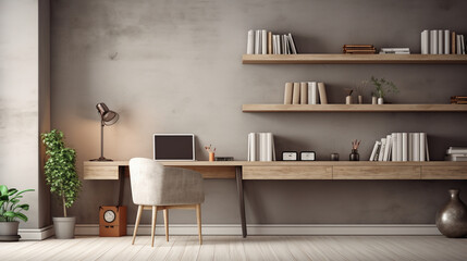 Fototapeta na wymiar The minimal interior style workspace in a beige color theme, Generative Ai