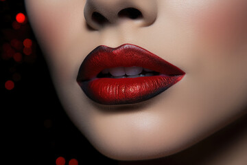 Woman's red and black lips closeup. Fillers or injection. Healthy skin. Generative AI