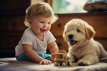 cute little young white american blonde caucasian baby playing with his dog puppy and car toys at...