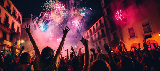 Fototapeta na wymiar Vibrant Street Celebration: People Rejoicing Amidst Fireworks Illumination. 