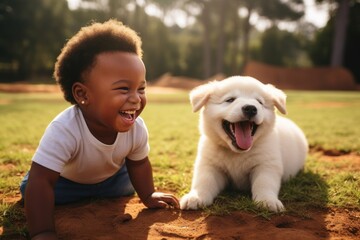 cute little young black african american baby playing with his dog puppy outside of his home in the garden on the grass. sunny golden hour day. Generative AI