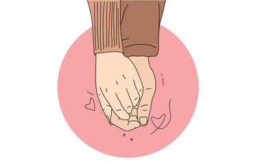 illustration of a Loving young couple holding hands on a color pink background