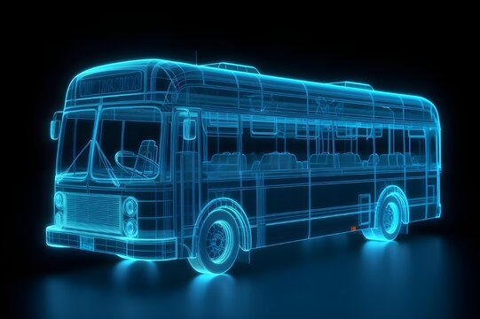 School bus blue wireframe in high speed running on the track, futuristic concept isolated on black background. 	