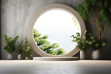 Nature's Portal: Forest Peeking through Circular Window in Concrete Room (Generative AI)