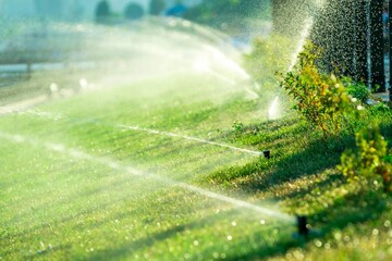 Watering Park grass automatic Sprinkler irrigation on sunrise or sunset.  Watering the lawn at...