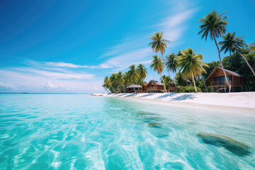 Fototapeta na wymiar Maldivian Serenity. A Secluded Beach Offering Peace and Tranquility. Tropical beach with blue waters concept. AI Generative